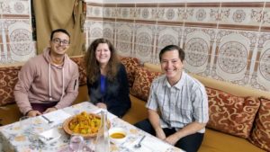scott-laurie-fes-dinner Laurie and Scott enjoying an in-home dinner with Yassine, a local resident of Fes