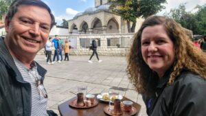 20221019_135819 Scott and Laurie, enjoying Bosnian Coffee, in Sarajevo, Bosnia