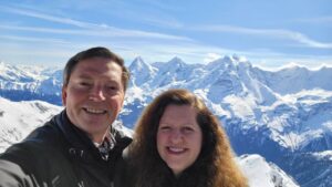On Schilthorn Peak, in the Bernese Alps of Switzerland. The 'big 3' peaks of Eiger, Mönch and Jungfrau in the background.