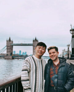 Cameron and his boyfriend, Chris, at the Tower Bridge in London.