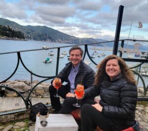 20240503_191008 Scott and Laurie enjoying an Aperol Spritz on the Italian Riviera.