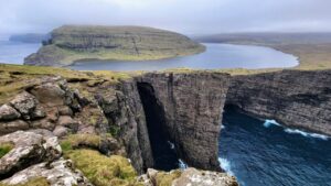 Lake Sørvágsvatn from the cliff Trælanípa in the Faroe Islands.