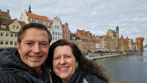 Scott and Laurie, along the Motlawa river in the Old Town area of Gdansk, Poland.