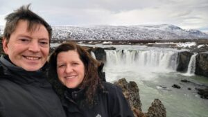 Scott and Laurie overlooking Goðafoss Waterfall, the “Waterfall of the Gods,” in northern Iceland.