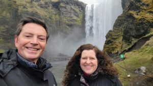 Scott and Laurie at Skógafoss waterfall in southern Iceland